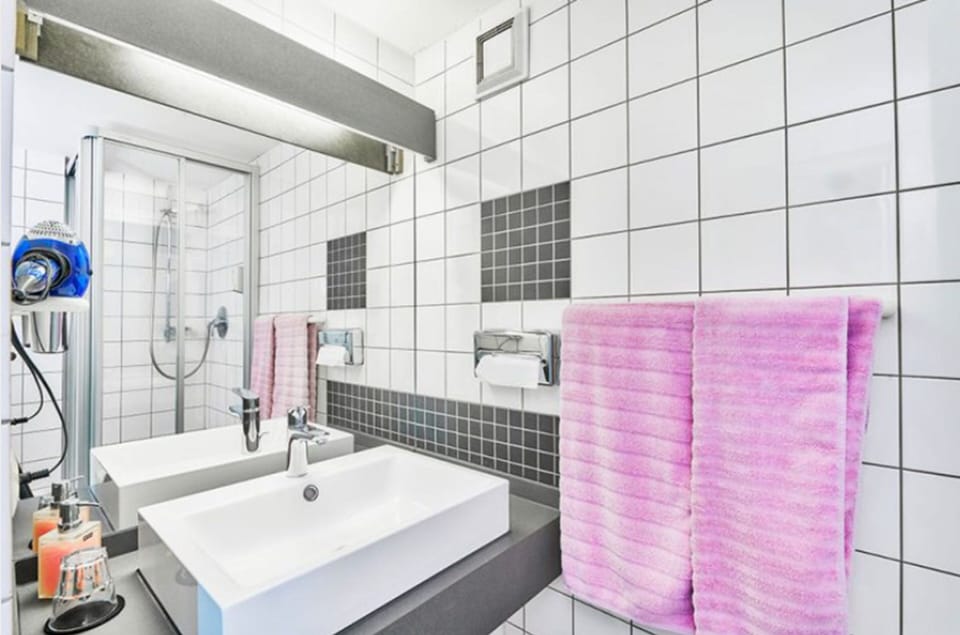 Shower, hair dryer, towels