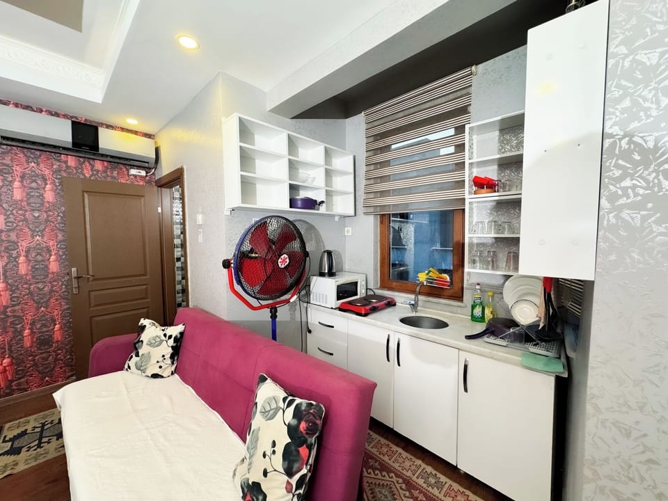 Fridge, electric kettle, cleaning supplies
