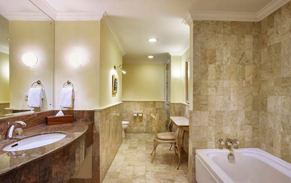 Combined shower/tub, free toiletries, hair dryer, towels