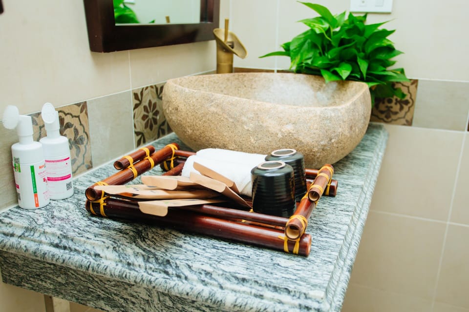 Deep soaking tub, rainfall showerhead, hair dryer, bathrobes