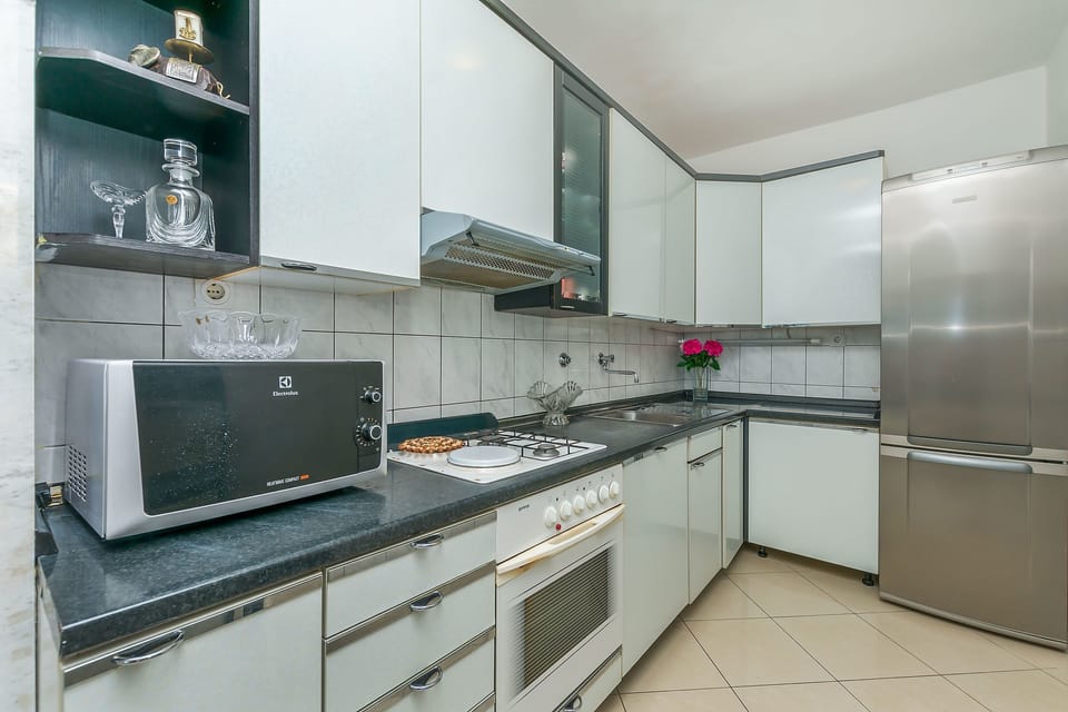Apartment (A1) | Private kitchen | Fridge, microwave, oven, stovetop