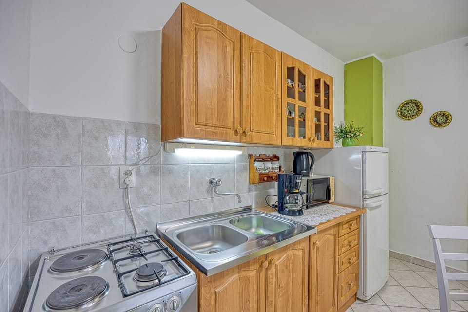 Apartment (A1) | Private kitchen | Fridge, microwave, oven, stovetop
