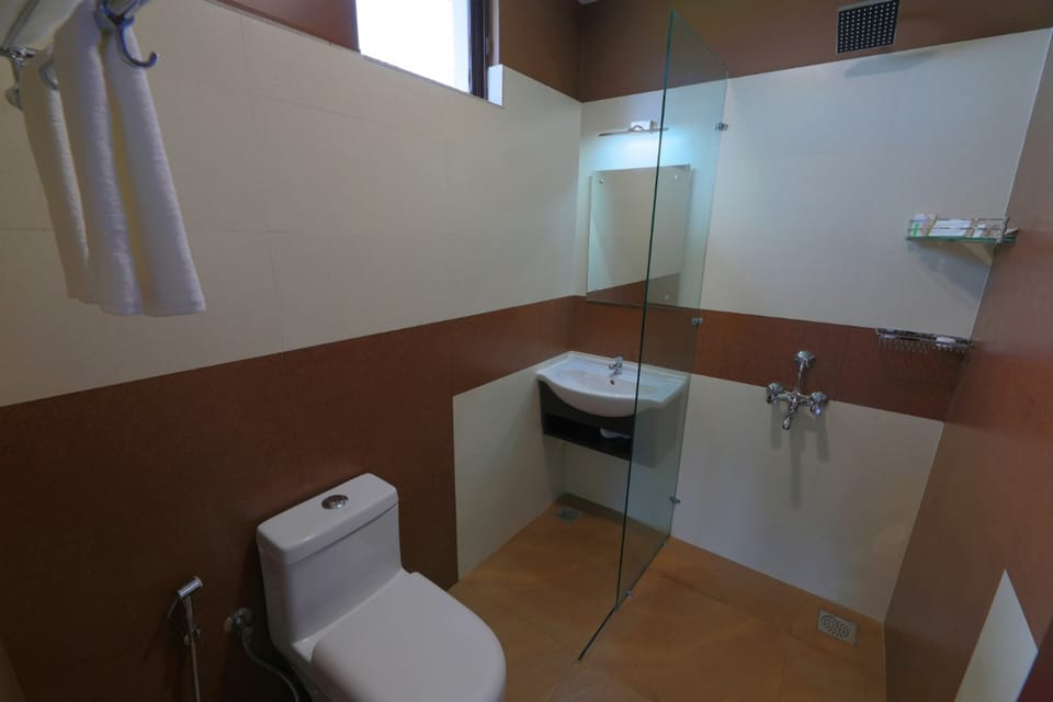 Shower, free toiletries, slippers, towels