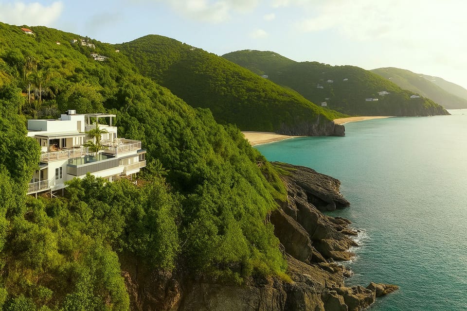 drone view of the house looking west over Rogues Bay and Trunk Bay
