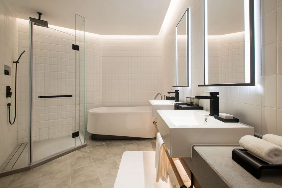 Deluxe Suite (Wellness) | Bathroom | Rainfall showerhead, designer toiletries, hair dryer, bathrobes