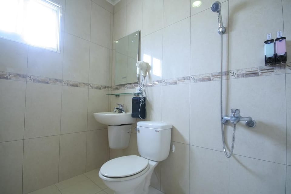 Shower, free toiletries, hair dryer, slippers