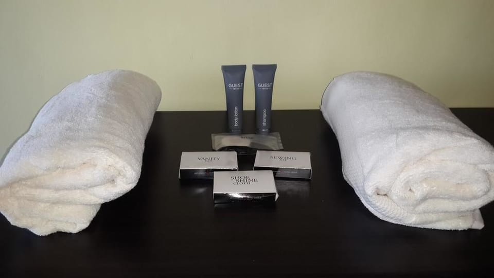 Shower, free toiletries, towels, soap