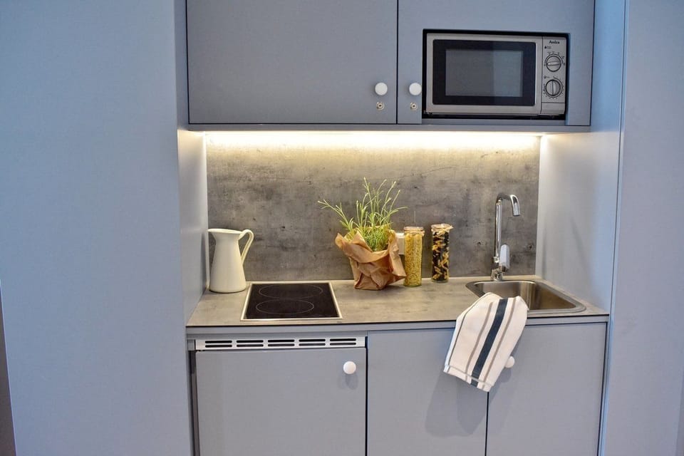Espresso maker, fridge, microwave, stovetop
