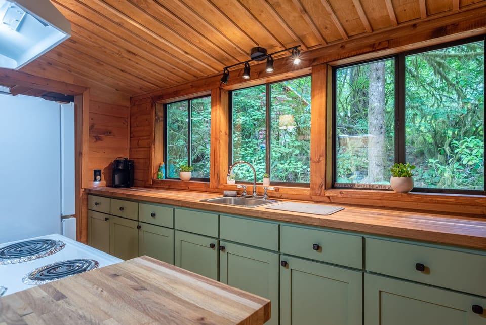 Kitchen - kitchen with a beautiful view of the Wooded area behind home. The kitchen has an oven, electric stove top, refrigerator, and microwave and other amenities.