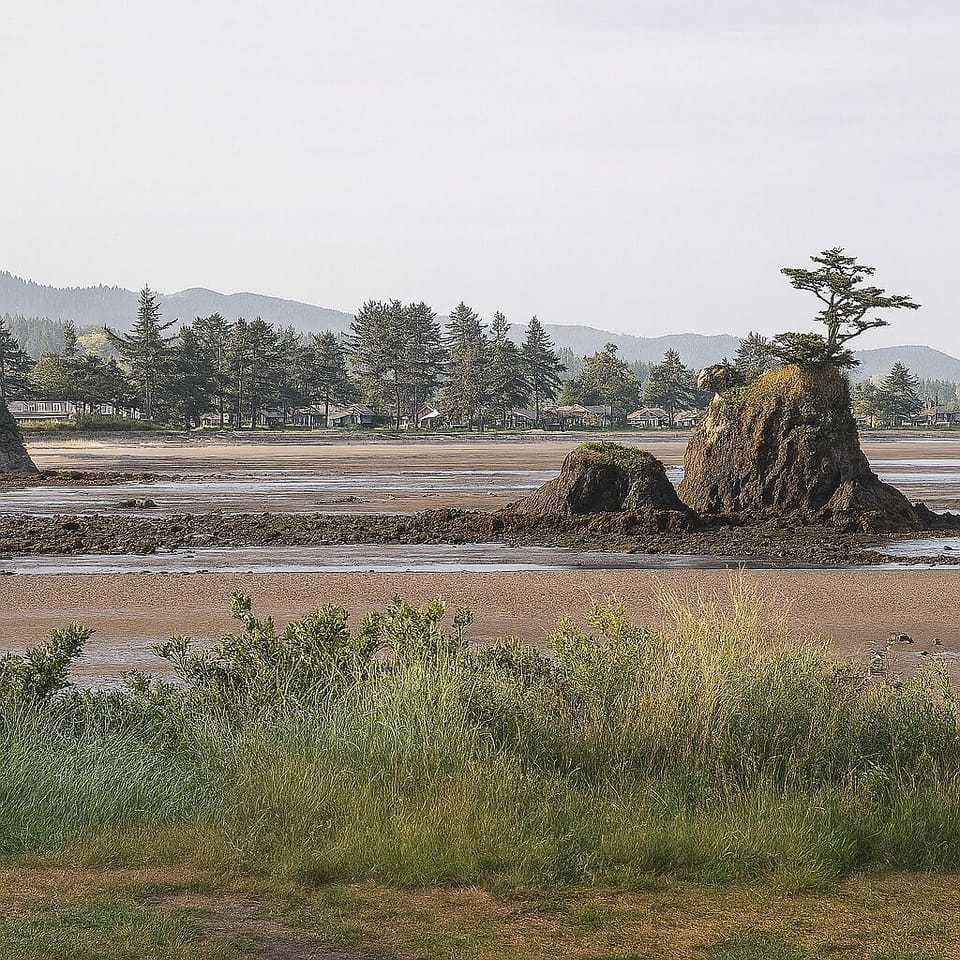 Coastal scenery near the property features dramatic rock formations, tidal flats, and tree-lined mountain views creating a peaceful natural backdrop.