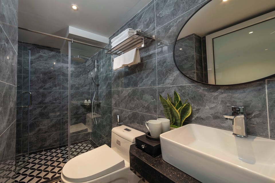 Shower, free toiletries, hair dryer, bathrobes