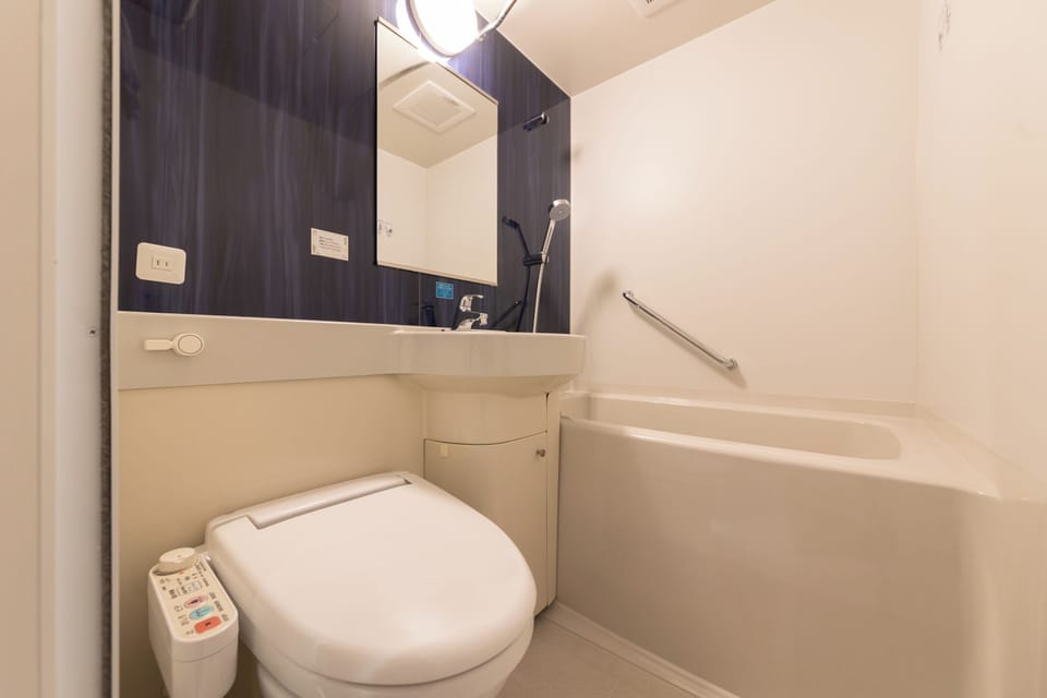 Combined shower/tub, free toiletries, hair dryer, slippers