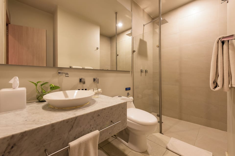Shower, rainfall showerhead, towels, soap