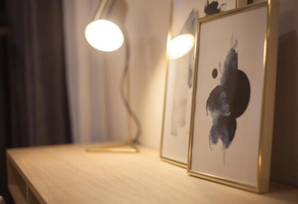 Down comforters, desk, laptop workspace, blackout drapes