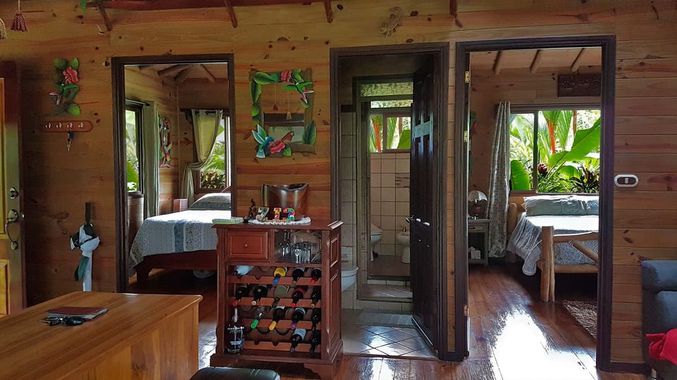 Jack & Jill style bathroom.

Bedrooms have screens, fans, and bug zappers.
