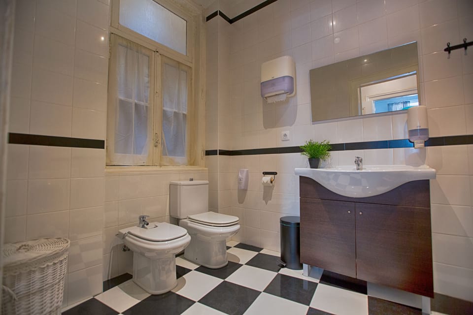 Hair dryer, bidet, towels, soap