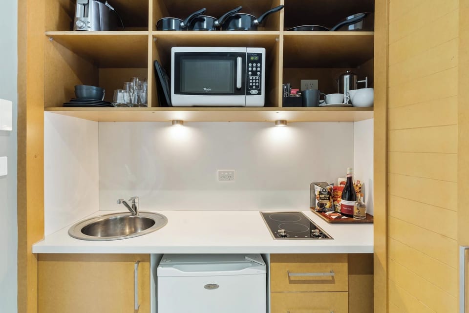 Mini-fridge, microwave, stovetop, toaster