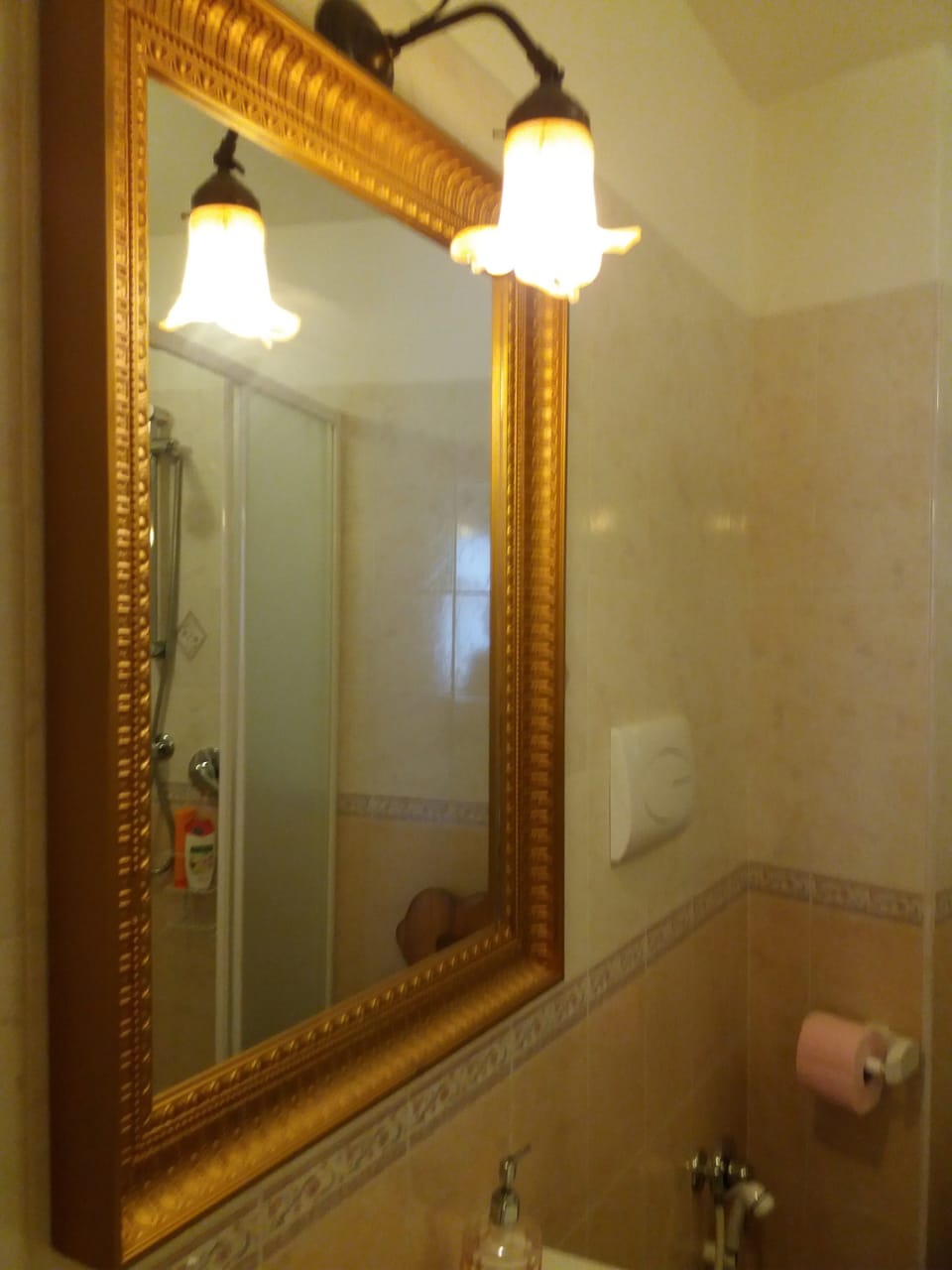 Shower, rainfall showerhead, hair dryer, towels