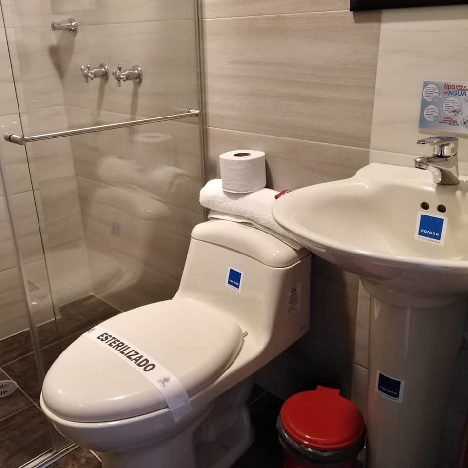 Shower, towels, soap, shampoo