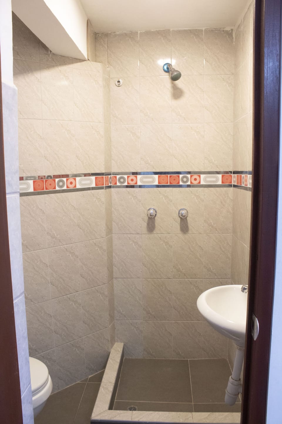 Rainfall showerhead, towels, soap, toilet paper