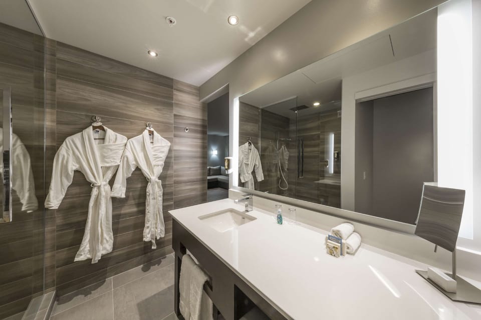 Eco-friendly toiletries, hair dryer, towels, soap