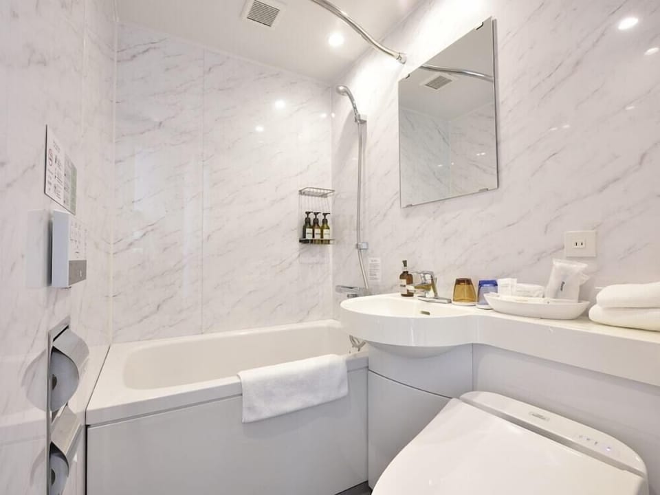 Combined shower/tub, free toiletries, hair dryer, slippers