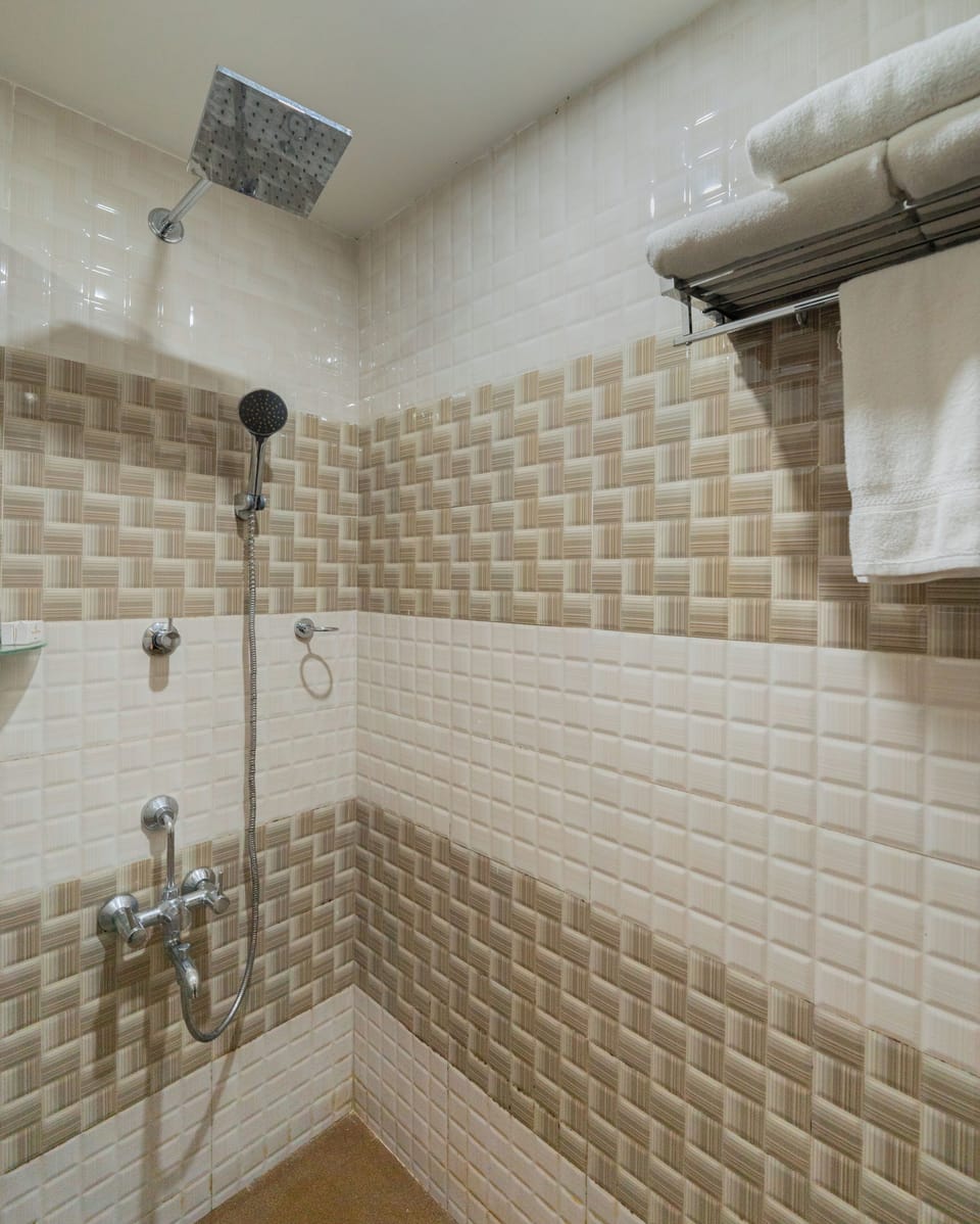 Shower, free toiletries, slippers, towels