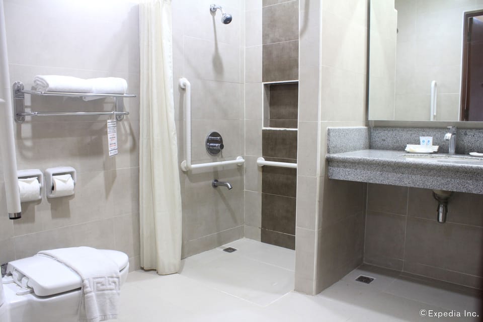 Bidet, towels, soap, toilet paper