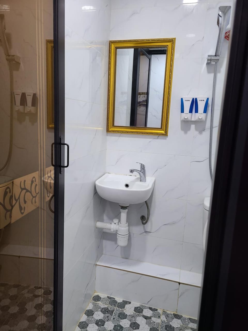 Shower, soap, shampoo, toilet paper