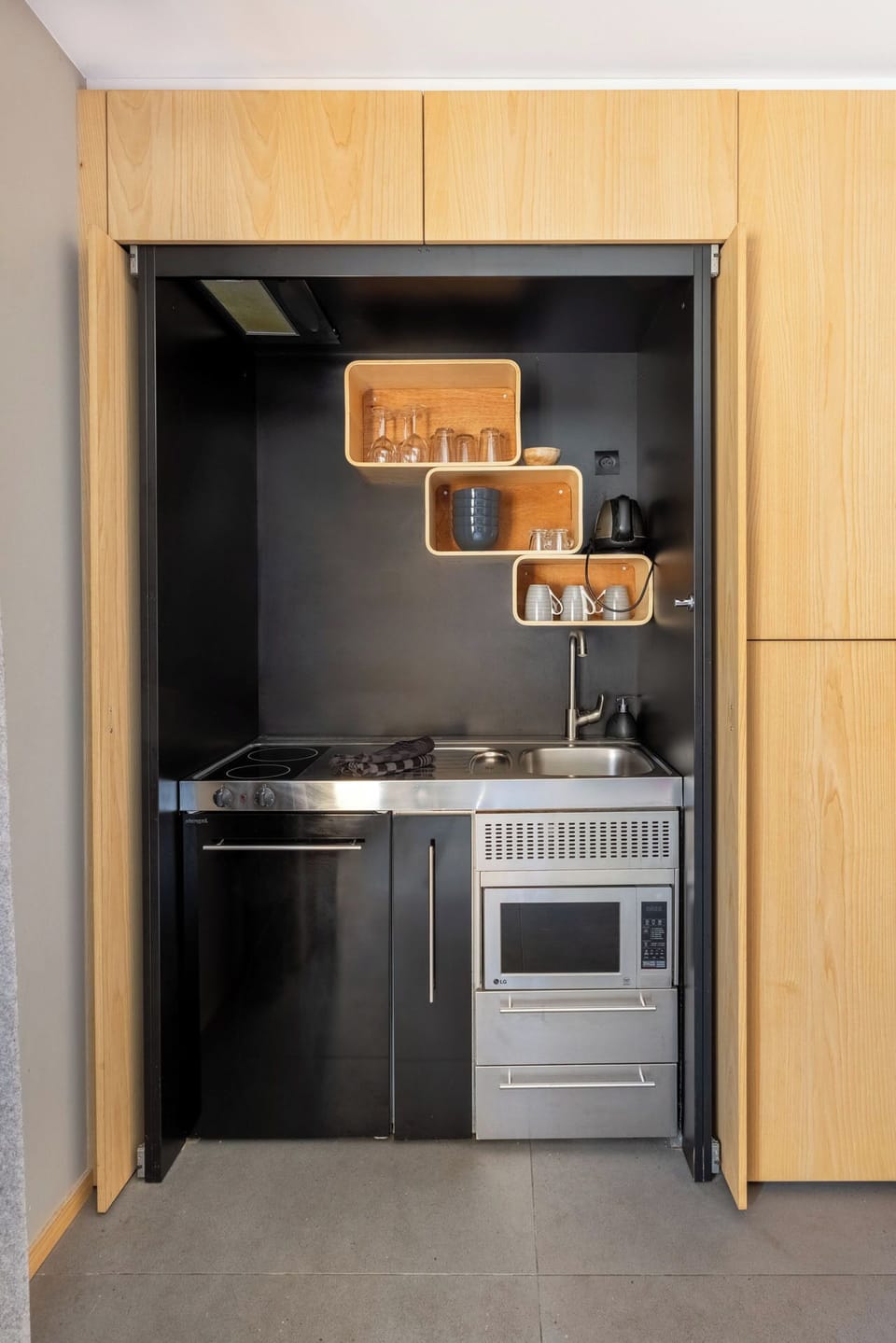 Fridge, microwave, stovetop, espresso maker