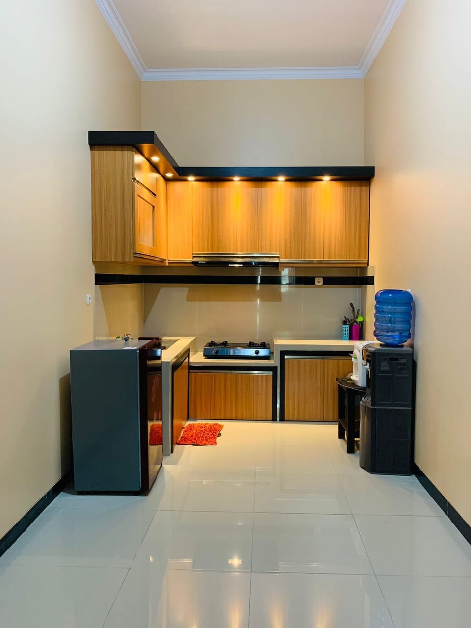 Full-size fridge, oven, stovetop, rice cooker