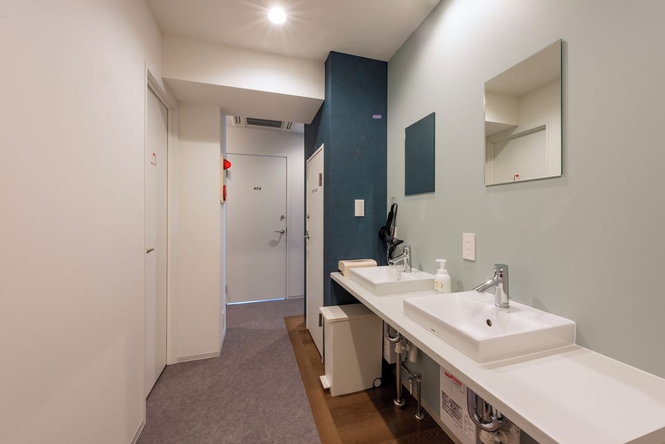 Shower, hair dryer, soap, shampoo