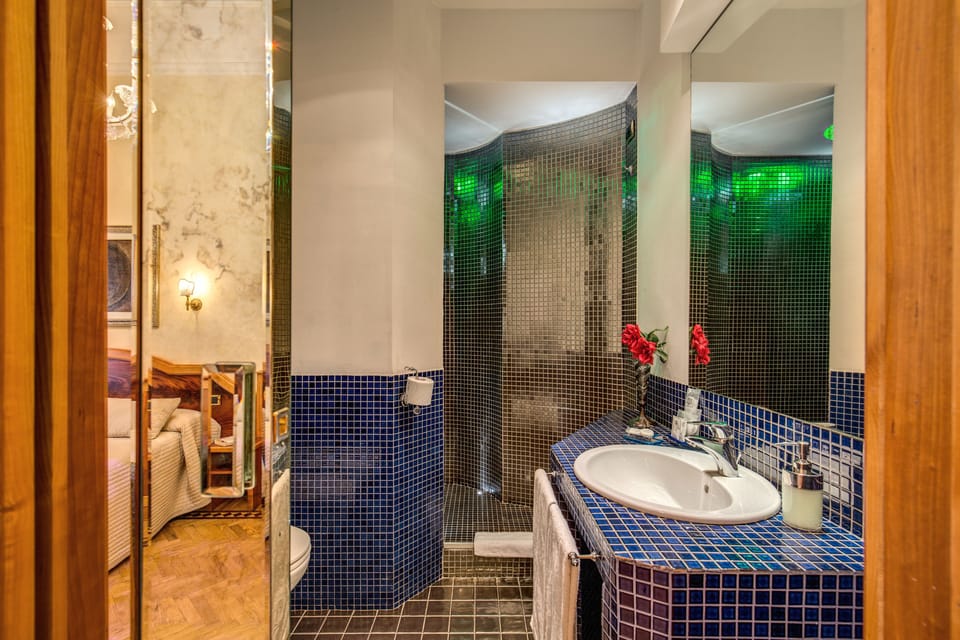 Shower, hydromassage showerhead, free toiletries, hair dryer