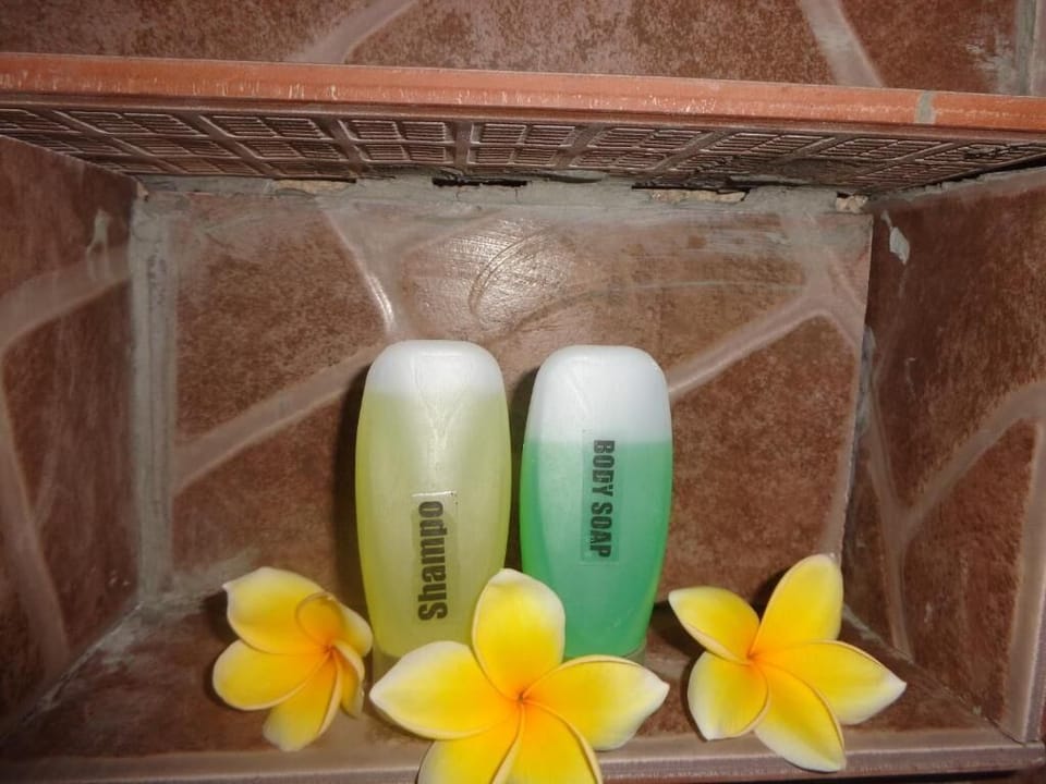 Shower, towels, soap, shampoo