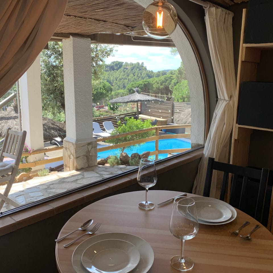 View from dining table to pool area. 