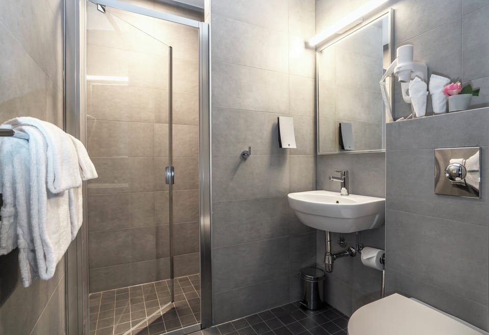 Shower, eco-friendly toiletries, hair dryer, towels