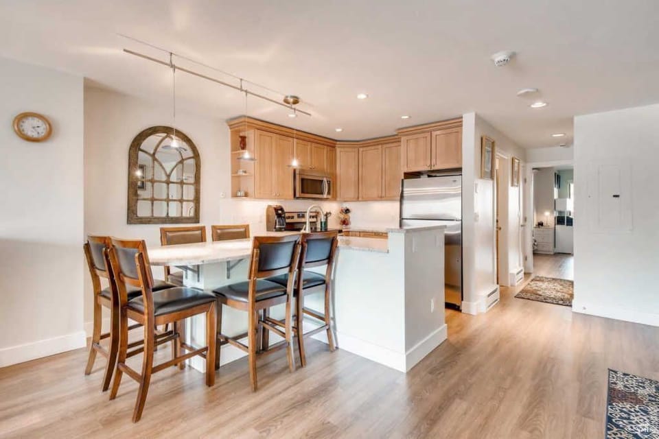 Our extended marble counter also serves as a table for five or six.