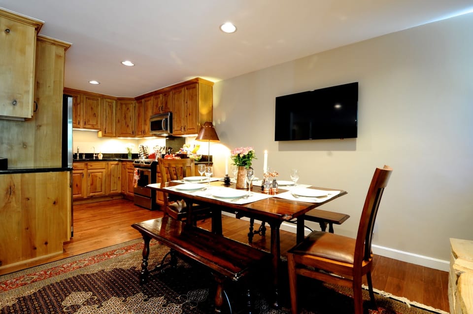 Versatile table can be moved to comfortably seat 8.
