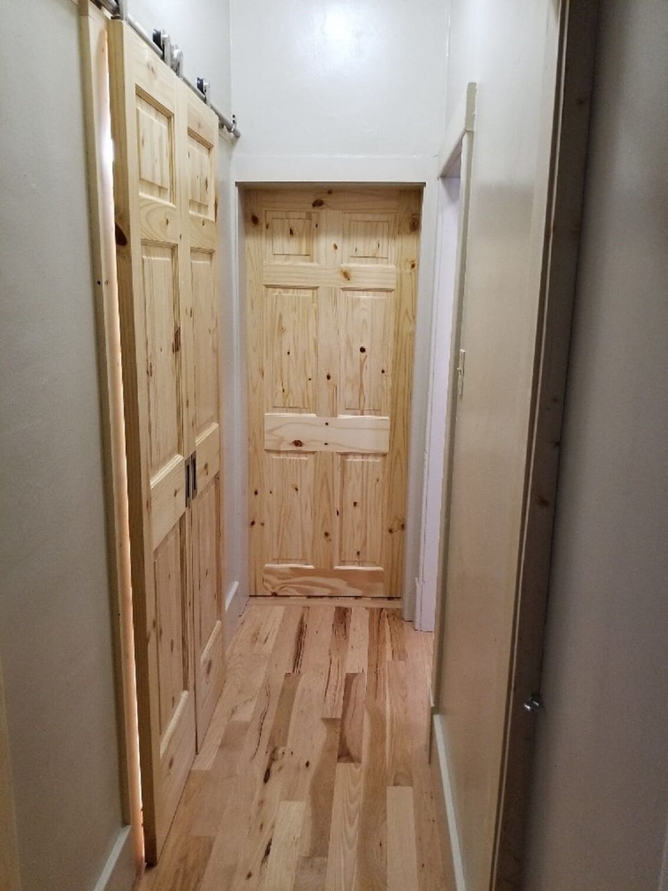 Hallway from NE Master Bdrm to NE Master bdrm barn door / Common BthRm drs left