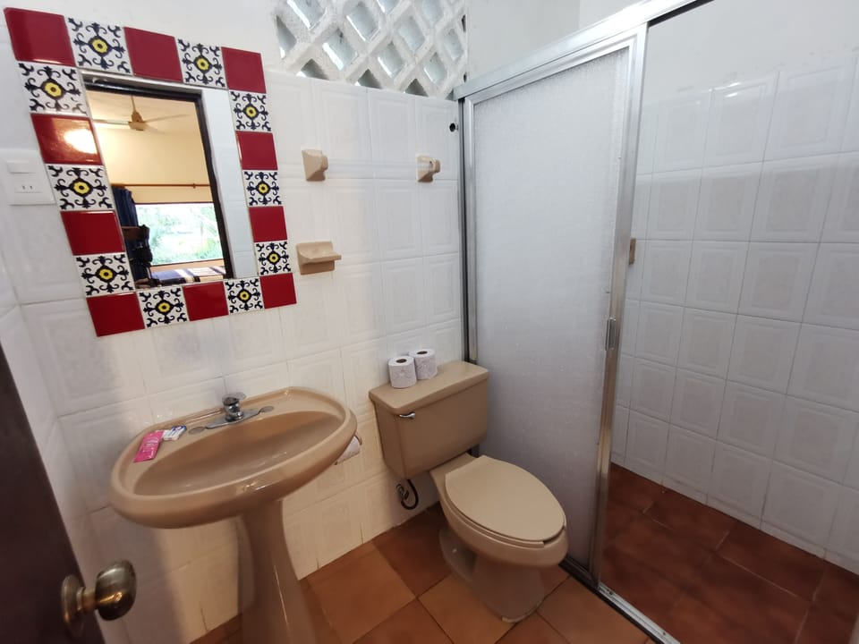 Shower, rainfall showerhead, hair dryer, towels