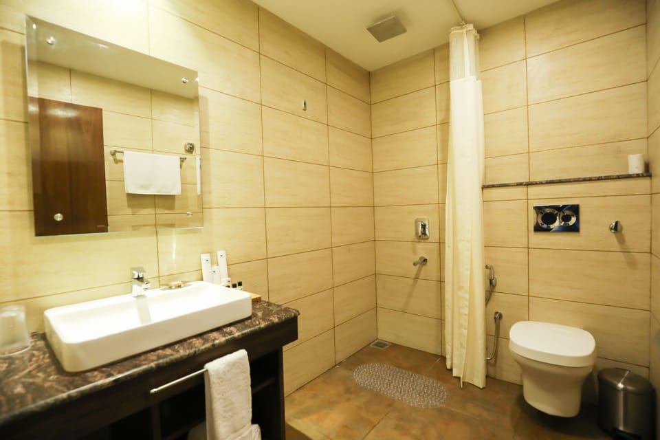 Shower, rainfall showerhead, hair dryer, slippers
