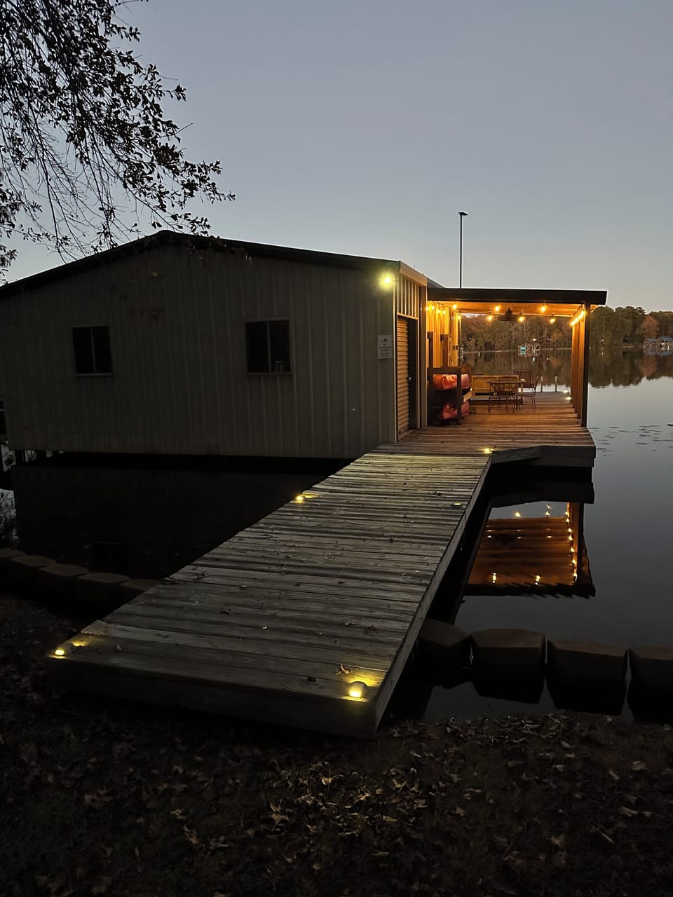 Night time view of covered dock 