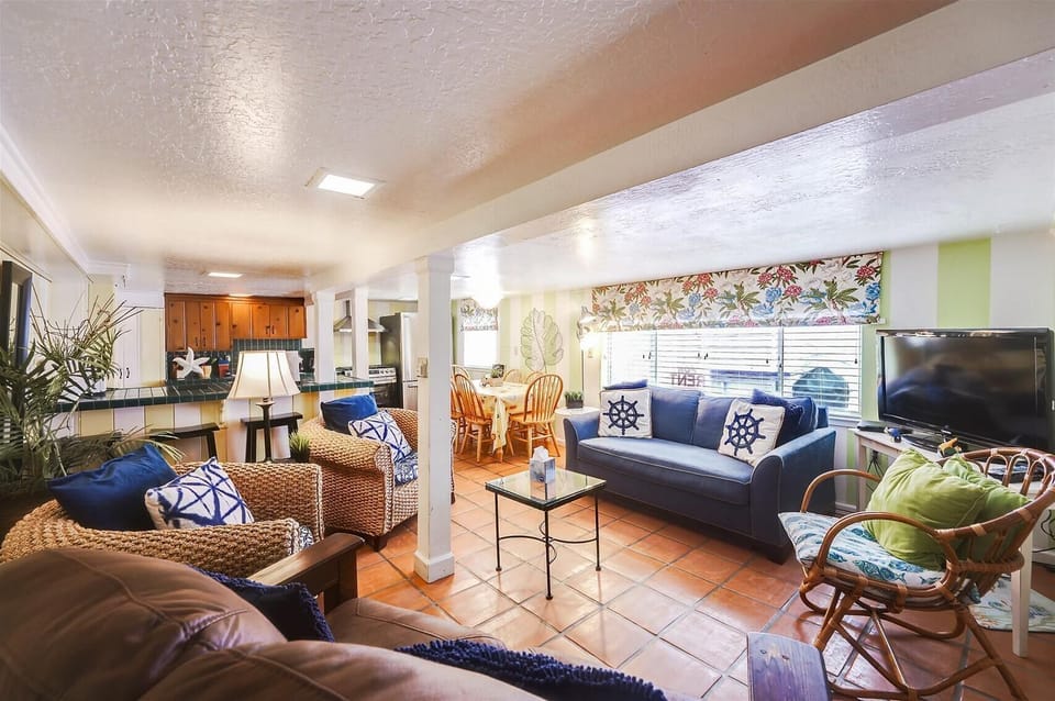 the blue sofa opens to a double-sized sofa-bed