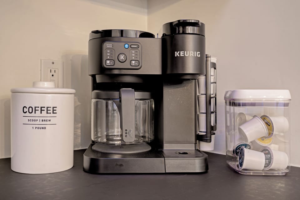 Both drip/pot and single serve coffee available for your morning brew