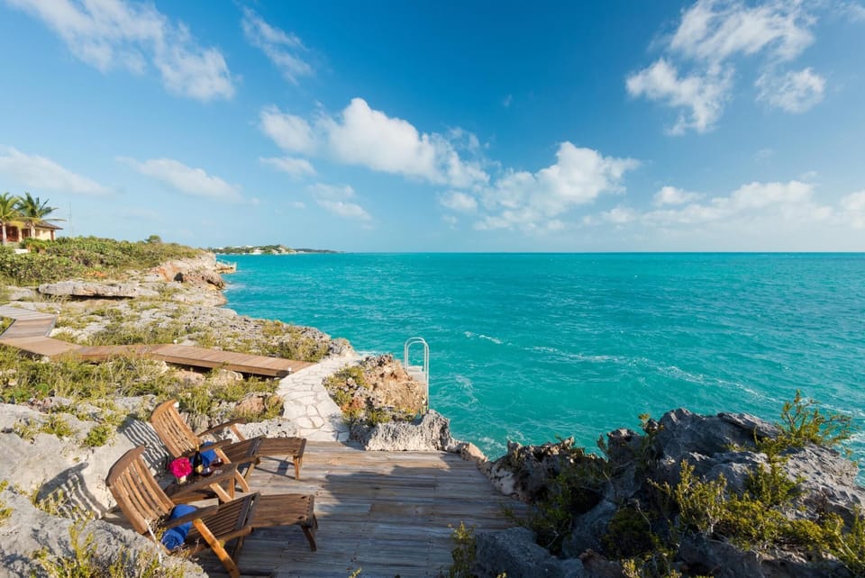 Ocean views from the rocks by the seating area.