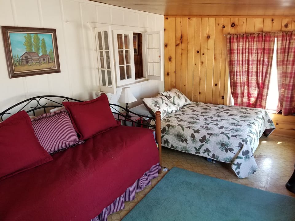 Sleeping porch/second bedroom with queen and trundle twin beds. 