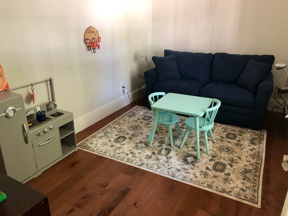 Toy room with full size sleeper sofa