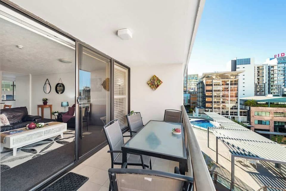 Large balcony, looking towards the building pool...
