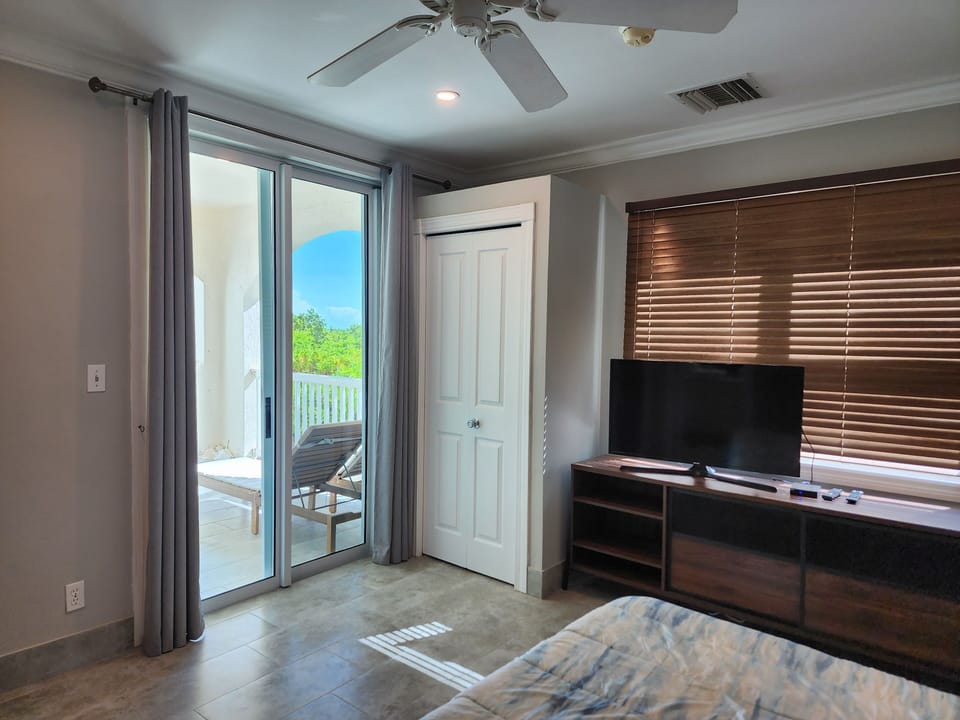 Primary bedroom; flat screen TV; exit to patio