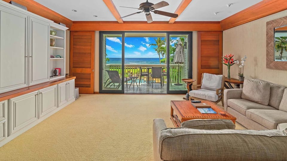Poipu Kapili Resort #26 - Ocean View Living Room & Lanai - Parrish Kauai